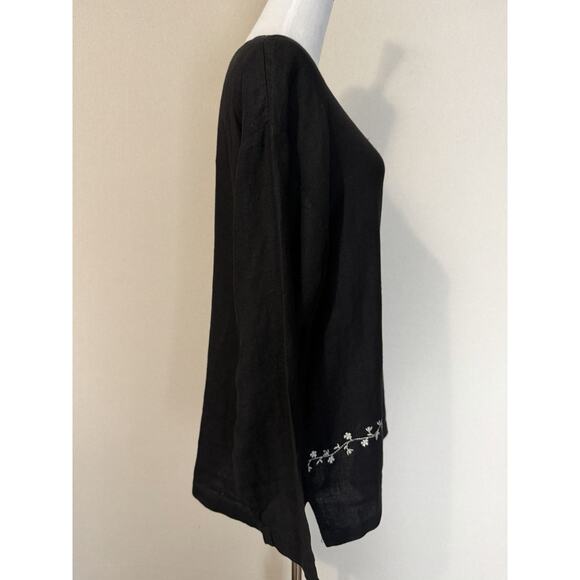 Marc Ware Women's 100% Linen Tunic Sz L Long Sleeve Black White Embroidery USA - Picture 4 of 13